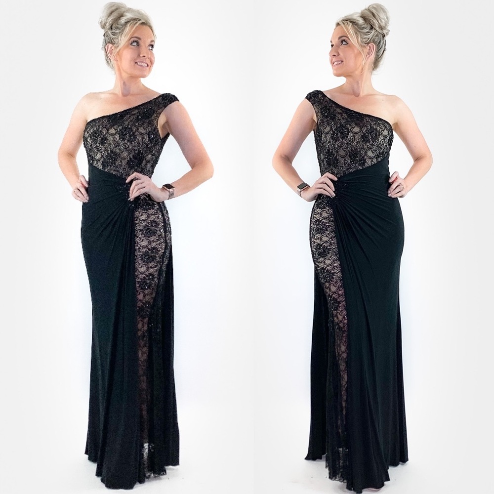 Black Lace Over Nude Evening Gown - Picture 4 of 8